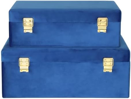 HofferRuffer Velvet Storage Trunks with Wood Frame, Set of 2 Storage Chests with Handles, Bedroom Organizer Nesting Upholstered Decorative Boxes Hinged Lid with Gold Hardware Accents (Blue Trunks)