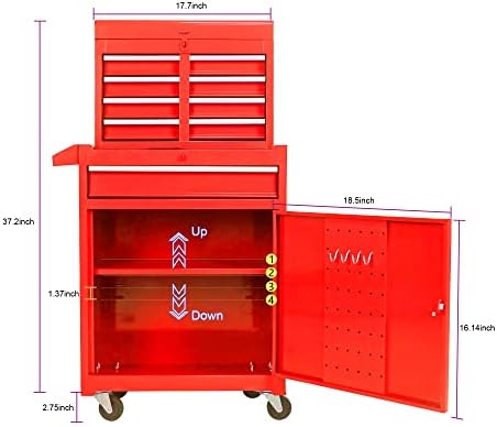5 Drawer Rolling Tool Chest with Wheels, Tool Storage Cabinet & Tool Box Cart, Snap on Tool Chest with Drawers and Bottom Cabinet and Adjustable Shelf Organizer for Garage Warehouse Workshop - Red