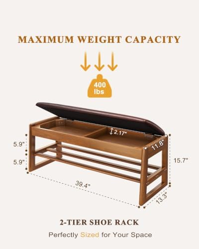 Shoe Rack Bench with Hidden Storage, 2‑Tier Solid Rubberwood Entryway Bench