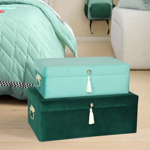 HofferRuffer Velvet Storage Trunks with Wood Frame, Set of 2 Storage Chests with Handles, Bedroom Organizer Nesting Upholstered Decorative Boxes Hinged Lid with Gold Hardware Accents (Green Velvet)