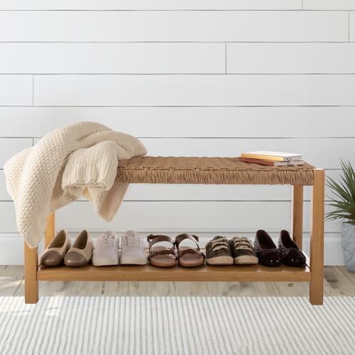 Alaterre Furniture Newport 40” Shoe Storage Bench with Woven Seat, Natural