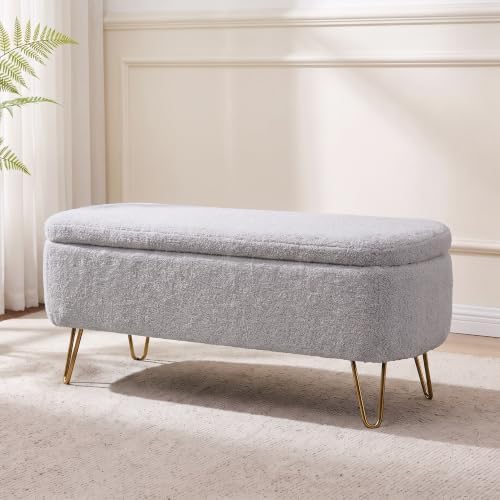 End of Bed Storage Bench for Bedroom, Small Boucle Storage Ottoman for Living Room Entryway, Teddy Fabric Upholstered Under Window Bench, Gold Legs, Grey