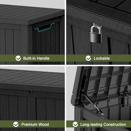 ROJIK 150 Gallon Deck Box Outdoor, Waterproof Outdoor Storage Boxes with Lids, Outside Resin Lockable Storage Box for Patio Cushions, Garden Tools(Black)