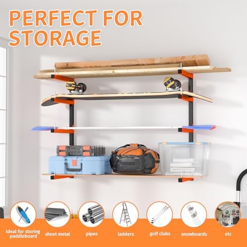 2 Pack Lumber Storage Rack, Wall Mount Foldable & Adjustable Lumber Rack with 4-Level Holds Up 520 Lbs, Heavy Duty Metal Garage Wood Rack for Workshop, Basement, Indoor and Outdoor