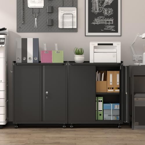 32''H Metal Storage Cabinets with Lock, Metal Garage Storage Cabinet on Wheels, Lockable Rolling Tool Chest Cabinet with Doors & Adjustable Shelves for Garage, Home, Office, Assembly Required