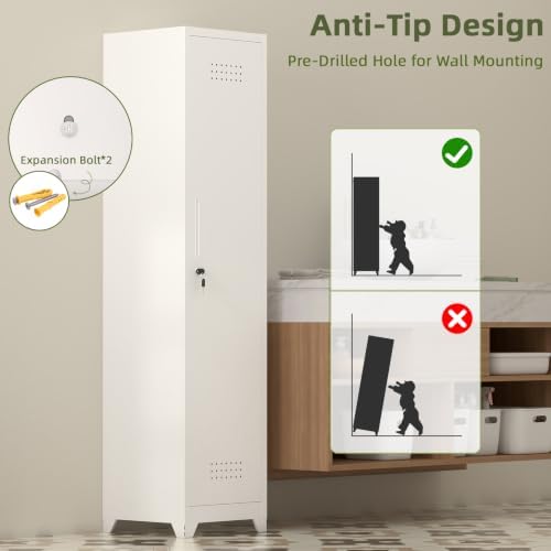 Slim Broom Storage Cabinets, Metal Cabinet with Shelves and Hanging Rod, 15.75" W Utility Storage Cabinet with Locking Door, Slim Cabinet for Small Spaces, Kitchen, Pantry, Office, Shop