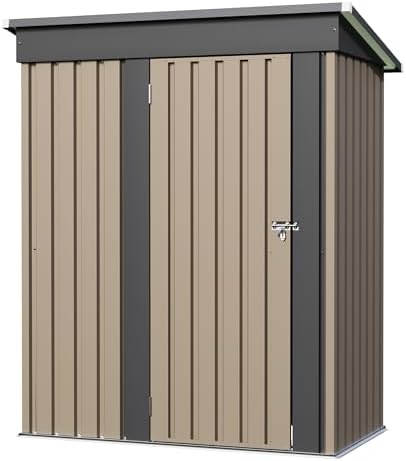 JUMMICO Metal Outdoor Storage Shed 5 x 3 FT Metal Shed with Lockable Door,Waterproof Garden Tool Shed Storage House for Backyard Patio Lawn, Brown
