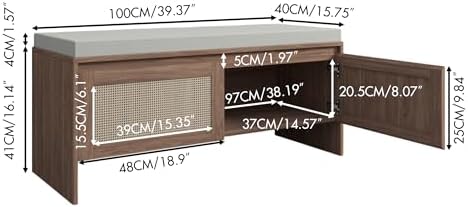 SOFTSEA 39.4" Shoe Storage Bench with Rattan Doors & Cushion, Natural