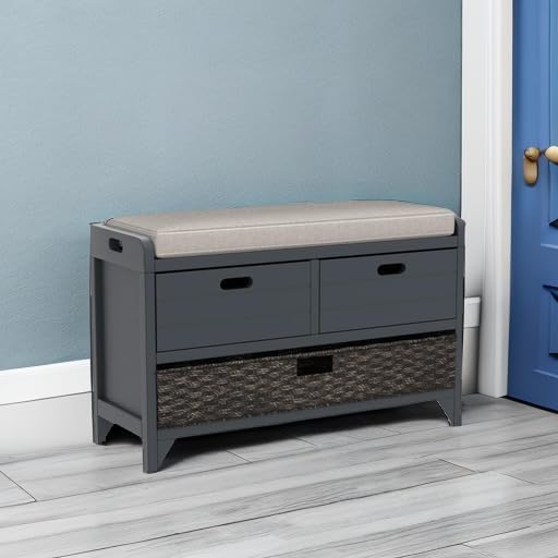 SOFTSEA Storage Bench with Drawers and Basket, Farmhouse Shoe Bench with Seating and Cushion for Hallway Entryway Living Room, Full Assembled, Navy