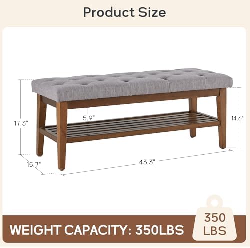 HUIMO Upholstered Entryway Shoe Bench, Button Tufted End of Bed Bench, Grey