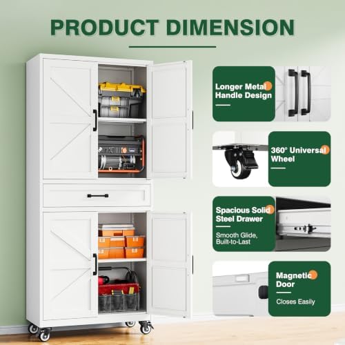 Letaya Metal Garage Storage Cabinets with Wheels,White Rolling Tool Cabinet