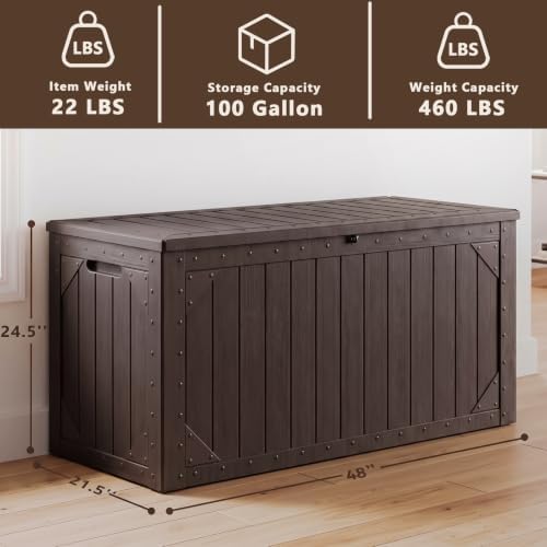 100 Gallon Outdoor Storage Box, Waterproof Large Resin Deck Box Lockable, Outside Storage Bin for Backyard Porch Patio Furniture Garden Tools, Brown