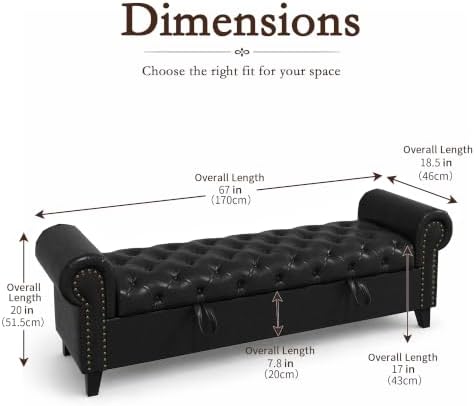 67 Inch Faux Leather Storage Bench with Rolled Arms, Chesterfield Tufted Ottoman Bench with Nailhead Trim, Upholstered End of Bed Bench for Bedroom, Entryway and Living Room, Black