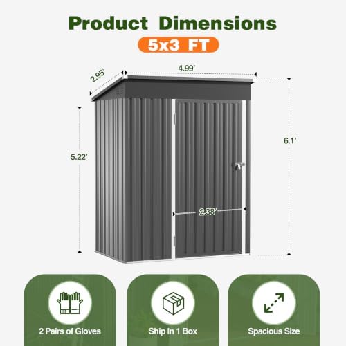 5 x 3 FT Outdoor Storage Shed, Waterproof Metal Garden Tool Shed with Sloped Roof, Lockable Door & Air Vents for Backyard Patio Lawn, Dark Gray