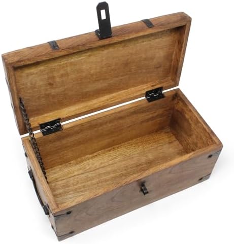 Nautical Cove Treasure Chest Wooden Box with Antique Iron Lock and Skeleton Key (Medium 12.5x6x5.5) - Storage and Decor – Pirate Chest, Decorative Storage Chest with Hinged Lid, Wood Treasure Box