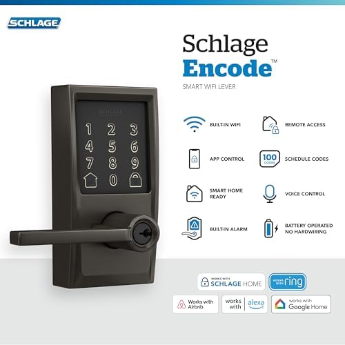 Schlage Encode Smart WiFi Lock, Lever Handle, Camelot Trim, Black Stainless