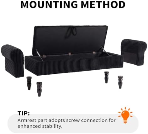 60" Corduroy Storage Bench, Queen End of Bed, Black