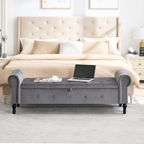 Storage Bench 67" Velvet End of Bed Benches Dark Grey