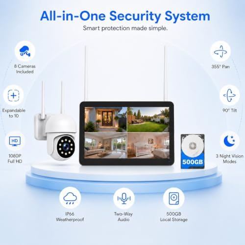 camcamp wireless security camera system with 10 inch shown in use
