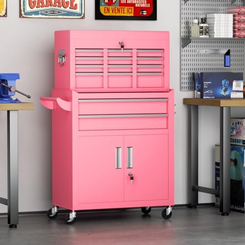 Crownland 8 Drawer Rolling Tool Chest with Wheels, Pink