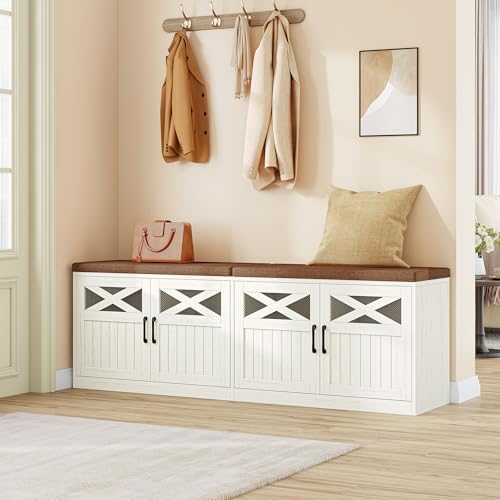 Hzuaneri 59" Shoe Storage Bench with 4 Barn Doors & Padded Seat Cushion