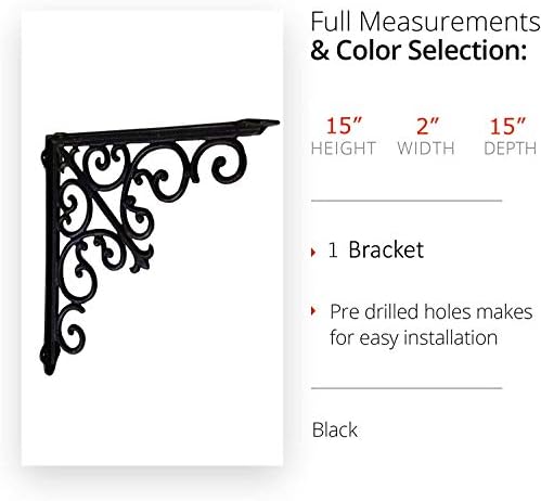 NACH Decorative Shelf Brackets, 1 Pack of 15 x 2 x 15 inch, Black Cast Iron Wall Shelf Brackets - Decorative Bookshelf Brackets - Victorian Style Shelf Bracket