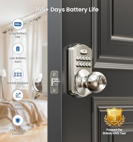 Veise KS03 Keypad Door Knob, Keyless Entry Lock with Handle, Satin Nickel