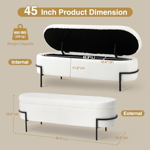 FiveWillowise 45 Inch Sherpa Storage Ottoman Bench,End of Bed Bench
