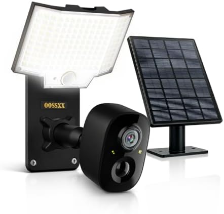 oossxx solar floodlight security camera outdoor wireless, 4mp shown in use