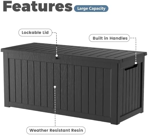 320 Gallon Outdoor Deck Box, Lockable Waterproof Outdoor Storage Boxes For Garden Tools,Indoor Cushions,Accessories Outside Storage Resin Weatherproof Container, Black