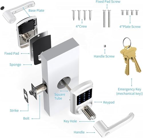 Signstek Keyless Entry,Digital Smartcode Door Lock for Front Door,Keypad Door Lock with Handle and Security Key,Touchscreen,Easy Installation,Silver
