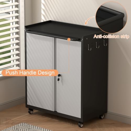 32''H Metal Garage Storage Cabinet with Wheels, Tool Storage Cabinets with Lock, Lockable Steel Rolling Tool Chest with Doors & Adjustable Shelves for Garage, Home, Office