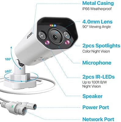 ZOSI ZG182 4K PoE Add-on Camera with 2-Way Talk,Weatherproof IP Camera for Outdoor Indoor Power Over Ethernet Surveillance System,Only Work PoE NVR