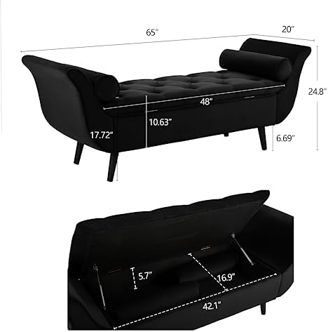 Velvet Storage Bench 65" Tufted End of Bed Ottoman with 2 Pillows (Black)