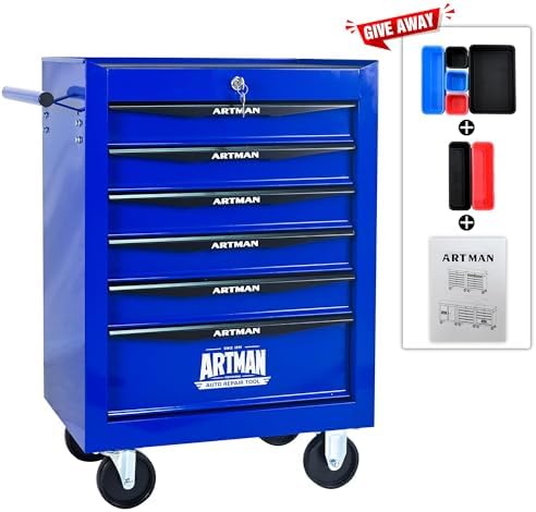 Heavy Duty 6-Drawer Rolling Tool Chest, Key Lock Tool Storage Cabinet with Lockable Casters & Drawer Liners, Mobile Tool Organizer Cart for Garage Workshop Warehouse Repair Shop (Blue)