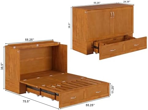AFI, Hamilton Full Murphy Bed Chest with 6" Mattress & Drawer, Light Toffee