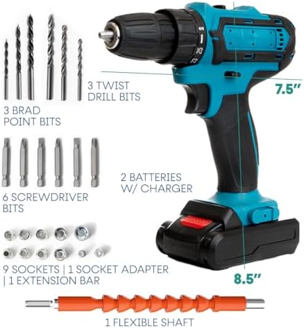 Evermore 21V Cordless Drill Set - 24-Piece All-In-One Power Tool Kit with 2 Batteries, Charger, and Carrying Case - High-Torque Electric Drill for Home Improvement & Renovation