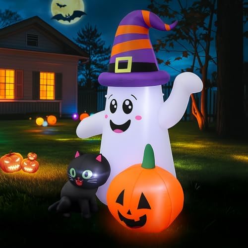 5FT Cute Halloween Inflatables Ghost, Blow Up Wizard Ghost with Pumpkin Black Cat for Garden Lawn Indoor Party Decor, Halloween Decorations Outdoor Inflatables