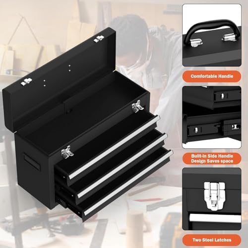 3 Drawer Metal Tool Box, Heavy Duty Steel Tool Chest with Ball Bearing Drawers, Portable Metal Toolbox with EVC Liners and Latches Closure, Powder Coated Tool Storage for Garage, Workbench & Home