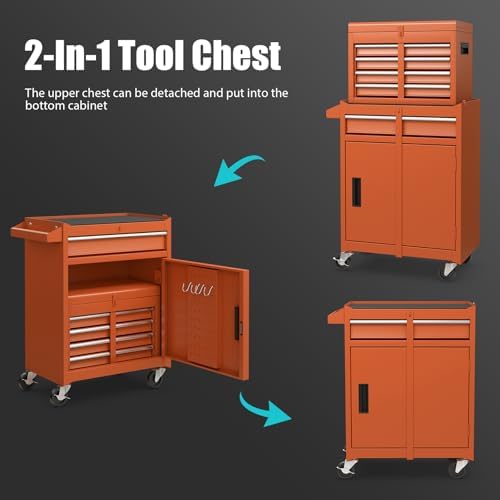 DREAMADE 5-Drawer Tool Chest Combo, Rolling Tool Cabinet w/Detachable Top Tool Box, Adjustable Shelves, Lockable Wheels, Metal Tool Box for Garage, Workshop, Repair Shop Storage (Orange)