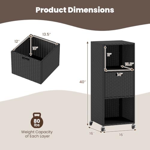 Tangkula Rattan Outdoor Storage Cabinet with 4 Wheels, Black