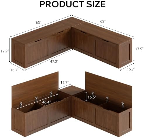 L Shaped Bench with Storage, 63" Breakfast Nook Benches, Wood Kitchen Corner Dining Bench Seating for Entryway, Dining Room, Kitchen, Walnut Brown