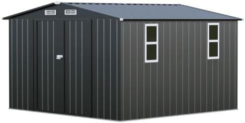 LAUSAINT HOME 10 x 10 FT Outdoor Storage Shed with Windows, Heavy Duty Galvanized Steel Storage Shed with Double Lockable Doors, Gable Roof & Air Vent for Backyard & Patio, Black
