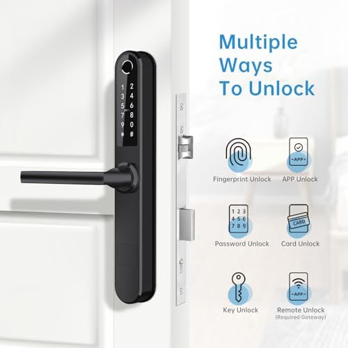 Luston Slim Smart Lock Front Door Stainless Steel Waterproof Mortise Lock,Keyless Entry Door Lock,WiFi Bluetooth Fingerprint Digital Keypad Aluminum Swing Door Lock with Handle(Black)