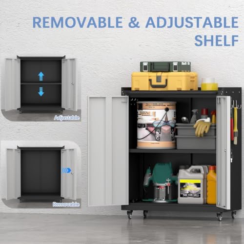IRONFFICE Metal Tool Chest, Garage Storage Cabinet with Adjustable Shelves, Locking Cabinet with Caster, Steel Locker for Garage, Basement, Warehouse