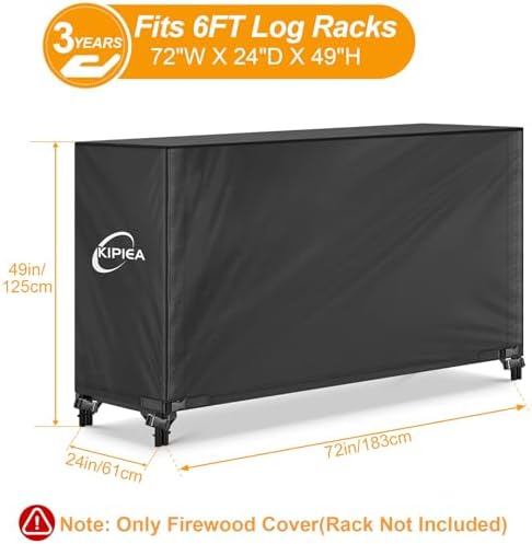 Kipiea 6FT Waterproof Firewood Storage Log Rack Cover, Heavy Duty 600D Outdoor Wood Storage Rack Cover with Buckles and Full-Length Hook & Loop Fastener, Tear-Resistant