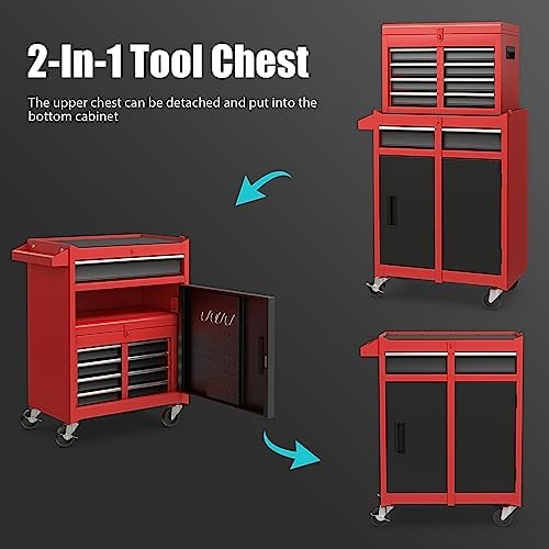 Rolling Tool Chest, 5-Drawer Tool Storage Cabinet with Wheels, Adjustable Shelf & Anti-Slip Liner, Tool Box Organizer for Garage, Warehouse & Workshop (Red+Black)