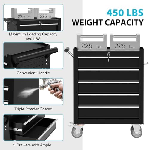 5 Drawers Metal Rolling Tool Chest, Portable Storage Tool Box with Wheels, Toolbox with Lock for Warehouse, Garage, Repair Shop and Tool Room