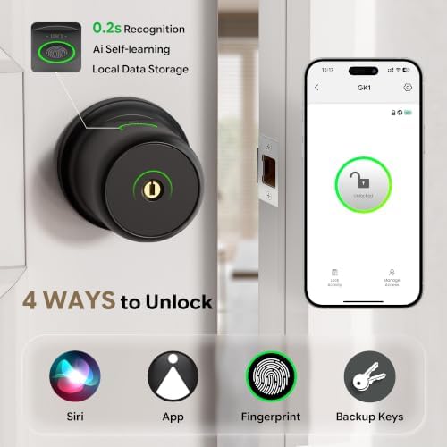 ThorBolt GK1 Smart HomeKit Fingerprint Door Knob (w/o Keypad), Black
