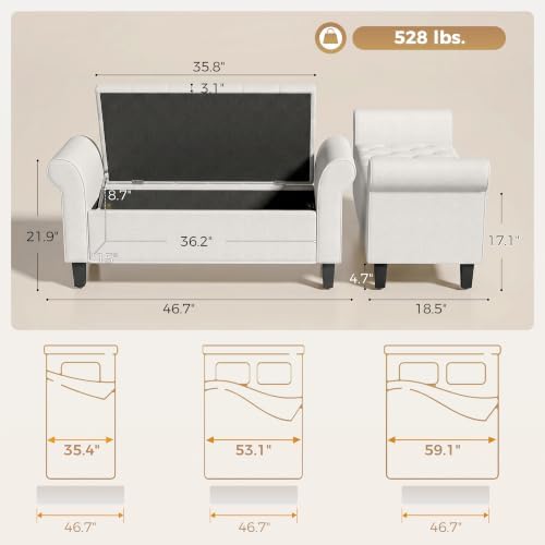 HOMCOM 47" Storage Ottoman End of Bed Bench with Rolled Arms Cream White